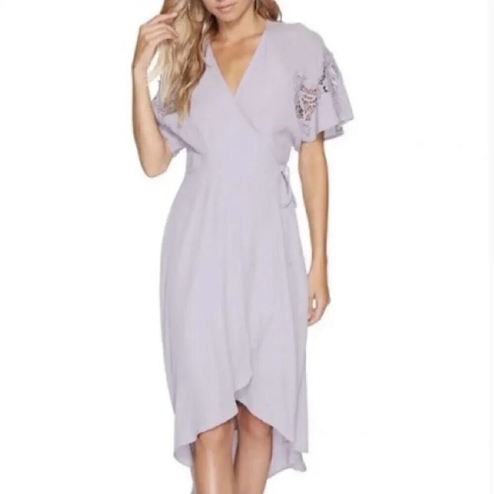 Astr The Label Embroidered  Flutter Sleeve Crochet Short Sleeve Wrap Midi Dress
